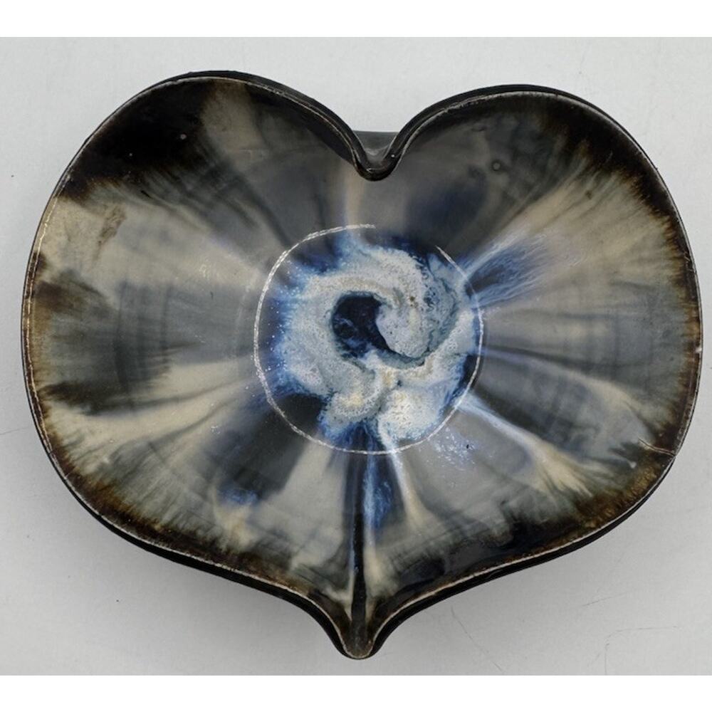 Art Pottery Heart Shaped Candy Trinket Bowl Stoneware Drip Glaze 6.25" Dish READ